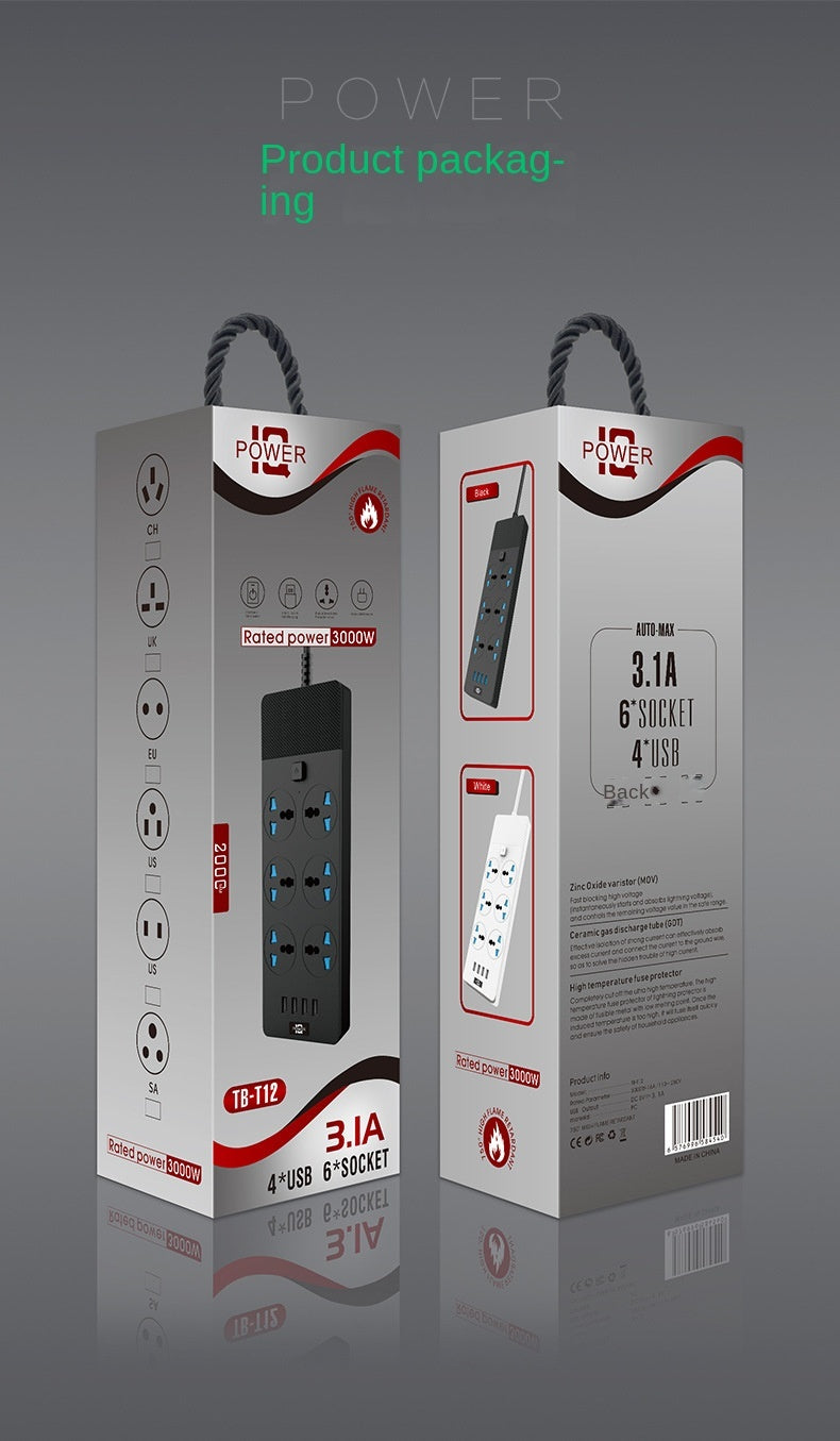 New 3000W Power Strip with 4 USB Ports, 6 Outlets & 2M Cable