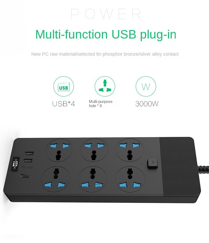 New 3000W Power Strip with 4 USB Ports, 6 Outlets & 2M Cable