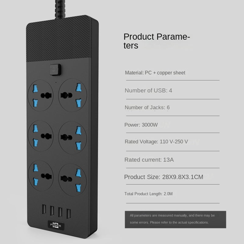 New 3000W Power Strip with 4 USB Ports, 6 Outlets & 2M Cable